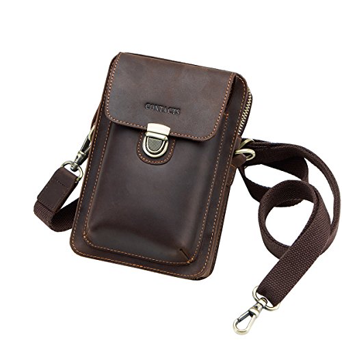 Contacts Echtes Leder Kleine Messenger Gürteltasche Waist Pouch Purse für Handy Dunkler Kaffee von Contacts