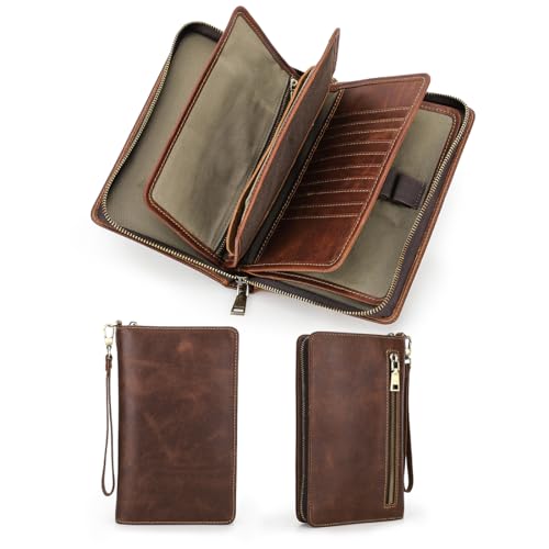 Contacts Herren-Clutch-Handtasche, Vollnarbenleder, Reißverschluss, Reisepass-Geldbörse, Business, groß, Organizer, Scheckbuch, Clutch, Handyhalter, Coffee-mc1021, Einheitsgröße von Contacts