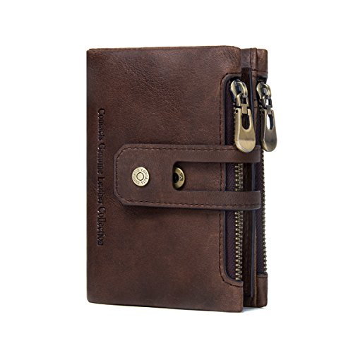 Contacts Herren Echtes Leder-Bifold Wallet Doppelreißverschlusstasche Geldbörse (Dunkler Kaffee) von Contacts