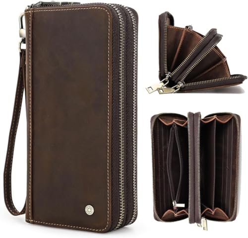 Contacts Herren Echtleder Clutch Business Travel Double Zip Around Geldbörse 4 Zwischenschichten Vintage Lange Geldbörse mit Handgelenkwickel (Kaffee-MC1018) von CONTACTS