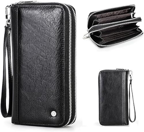 Contacts Herren Echtleder Clutch Business Travel Double Zip Around Geldbörse 4 Zwischenschichten Vintage Lange Geldbörse mit Handgelenkwickel (Schwarz-MC1018) von Contacts