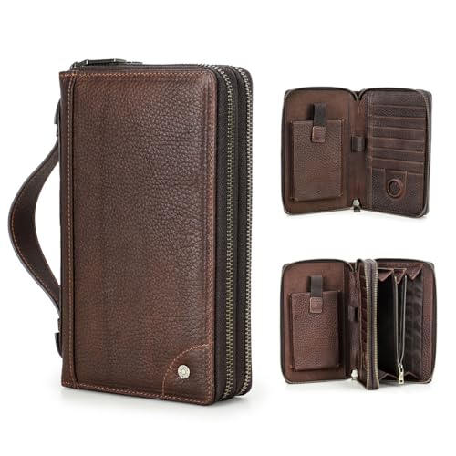 Contacts Herren Leder Clutch Tasche Große Kapazität Karte Organizer Reißverschluss Rfid Telefon Brieftasche Wristlet Handtasche, dark coffee, Vintage von Contacts