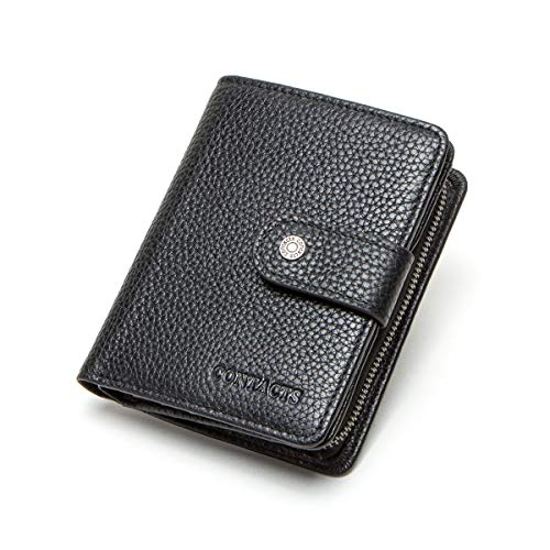 Contacts Herren RFID Blocking Vollnarbenleder Reißverschluss Münze Taschengeldbeutel Brieftasche (Schwarz) von CONTACTS