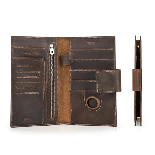 Contacts Herren Reisepass Brieftasche Echtes Leder RFID Blocking Geldbörse mit AirTag Slot Card Organizer Slim Clutch für Familienreisen, Dunkelbraun-L, Carry 1-4 passport, Retro von CONTACTS