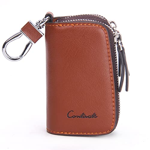 CONTACTS Leder Autoschlüsseletui Schlüsselanhänger Schlüsselanhänger Tasche, Herren Große 2 Reißverschluss Leder Schlüsseletui Autoschlüssel (Braun) von CONTACTS