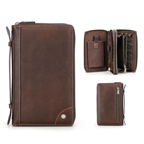 CONTACTS Leder Reise Clutches Herren Geldbörse 2 Reißverschlüsse Große Kapazität Reisepass Clutch Visitenkarte Organizer Handtasche mit Gurt von CONTACTS