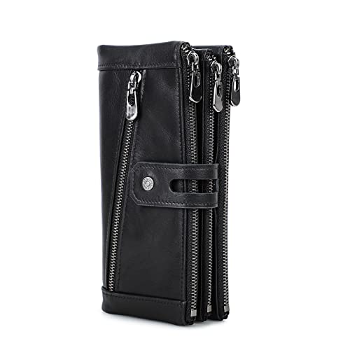 Contacts RFID Frauen Reißverschluss Brieftasche-Dame Karte Münzhalter Telefon Kupplung Geldbörse Echtes Leder (Schwarz) von CONTACTS