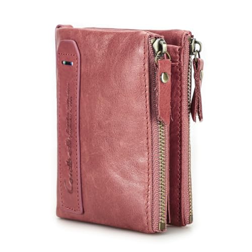 Contacts RFID-Geldbörse für Herren, kurz, echtes Leder, doppelte Reißverschlusstasche, dunkelrosa, Klassisch von CONTACTS