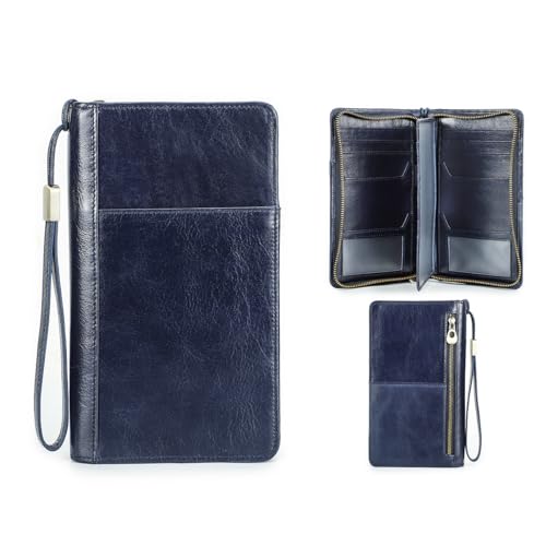 CONTACTS Reise-Clutch aus echtem Leder für Herren mit Handschlaufe,RFID Reisepass-Geldbörse mit Reißverschluss,Blau große Kapazität Handy-Clutch Handtasche für Männer von CONTACTS