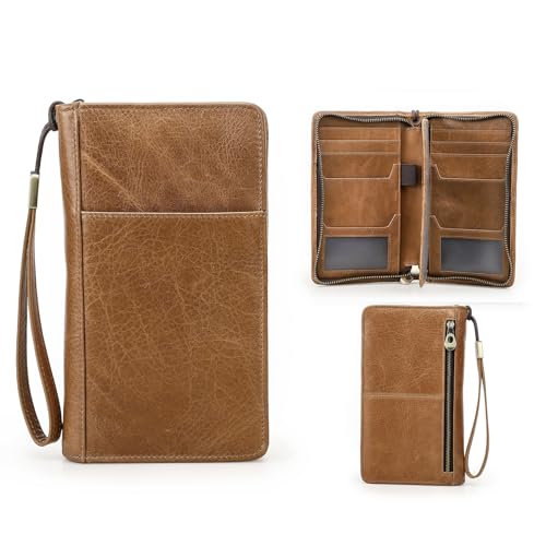 CONTACTS Reise-Clutch aus echtem Leder für Herren mit Handschlaufe,RFID Reisepass-Geldbörse mit Reißverschluss,Braun große Kapazität Handy-Clutch Handtasche für Männer von CONTACTS