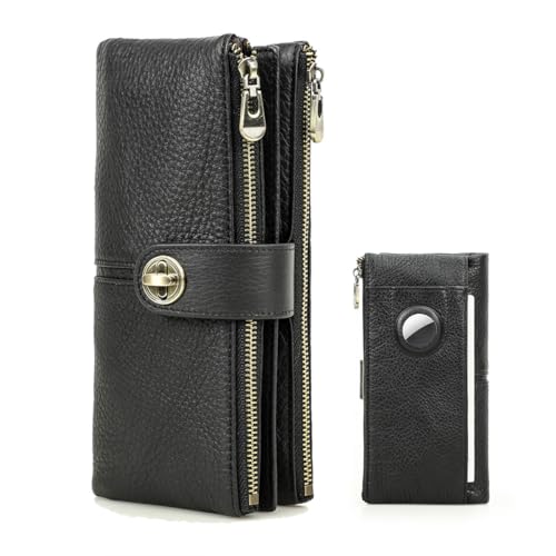 Contacts Turnlock Geldbörse für Frauen Leder Airtag Geldbörse Reißverschluss Telefon Halter RFID Bifold Clutch, Schwarz, Minimalistisch von Contacts