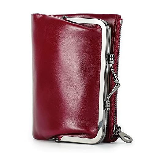 CONTACTS Damen RFID Geldbörse mit Kiss Lock, Echtes Leder Multifunktions Bifold Münzbörse mit Reißverschlusstasche Vintage, Kreditkartenhalter Kleine Clutch mit ID-Fenster (Rot) von CONTACTS