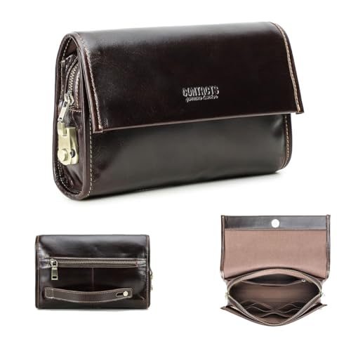 Herren Organizer aus echtem Leder Clutch Portemonnaie für Herren, große Kapazität mit Anti-Diebstahl-Schloss Reisepass Portemonnaie Telefonhalter Handtasche mit Handschlaufe Vintage von Contacts