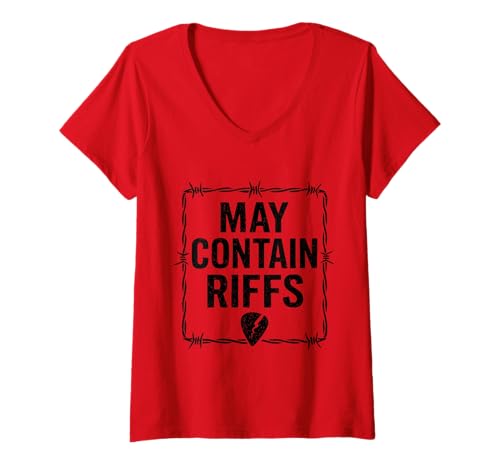 Damen May Contain Riffs Gitarrist Rock Humor Laut Musik Spruch T-Shirt mit V-Ausschnitt Damen May Contain Riffs Gitarrist Rock Humor Laut Musik Spruch T-Shirt mit V-Ausschnitt von Contain Riffs Musik Designs