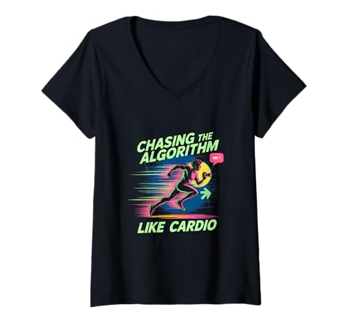 Damen Chasing The Algorithm Like Cardio Lustiger Creator Vlogging T-Shirt mit V-Ausschnitt von Content Creator Influencer Fitness Meme Grafik