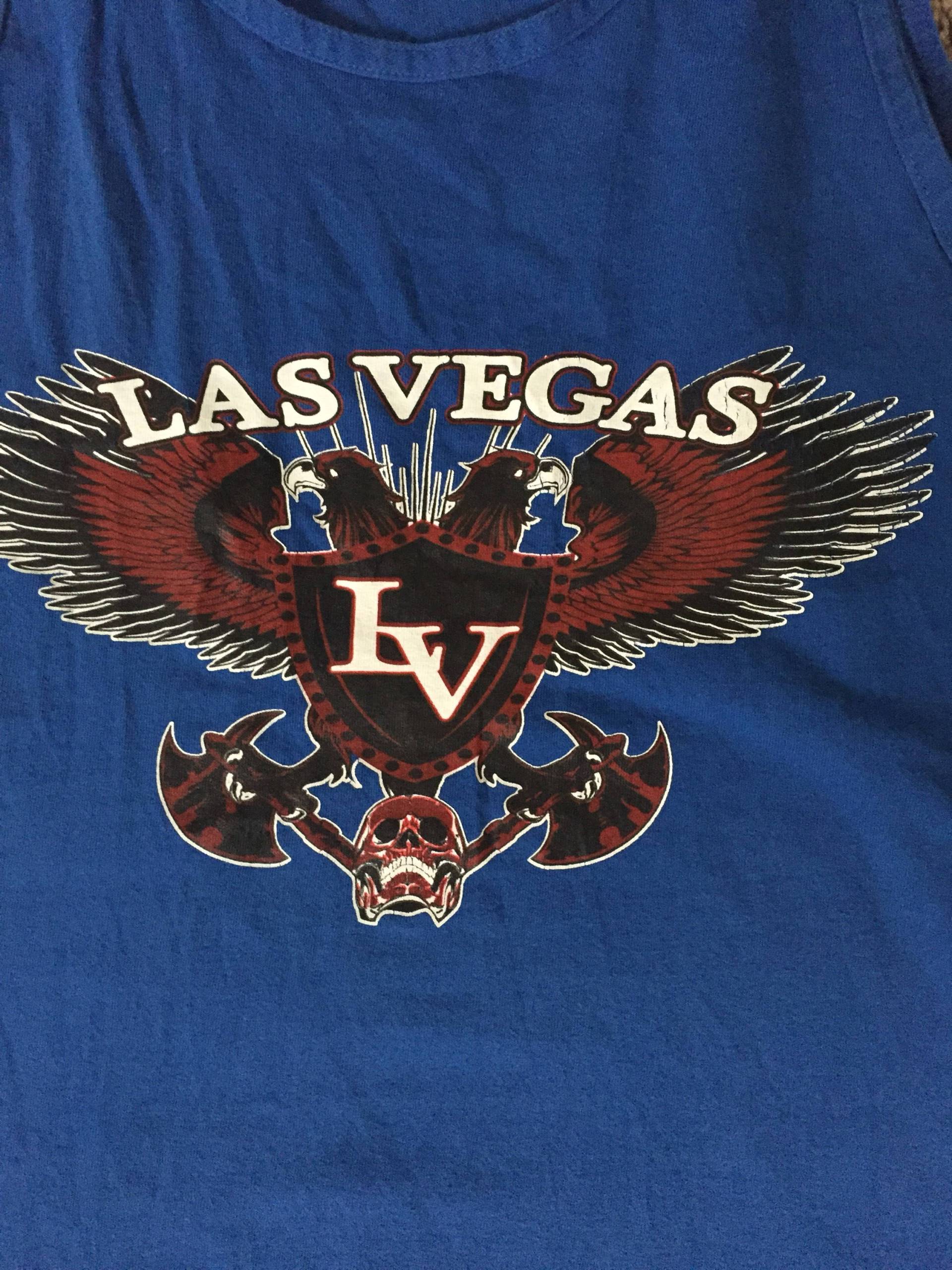 Jahrgang Blau, Rot Und Weiß Las Vegas, Nevada Tank Top/Ärmelloses Shirt W Adler, Schädel Achsen Grafik Hardcore-Biker von ContinentalThrift