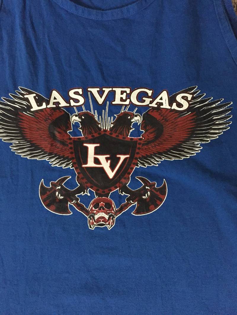 Jahrgang Blau, Rot Und Weiß Las Vegas, Nevada Tank Top/Ärmelloses Shirt W Adler, Schädel Achsen Grafik Hardcore-Biker von ContinentalThrift