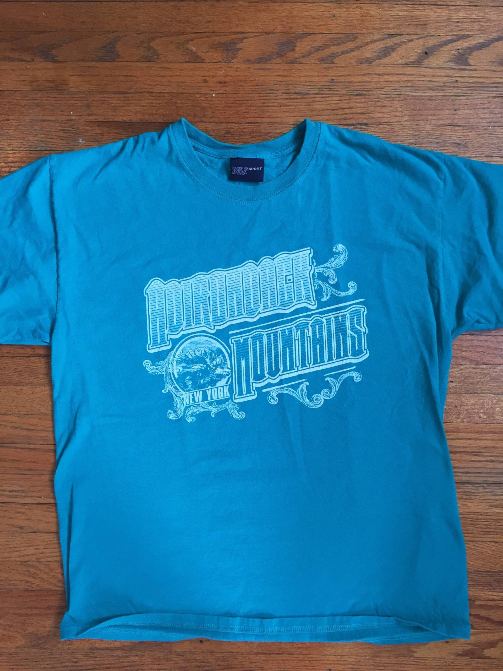 Vintage Türkis Und Weiß Grafik T-Shirt Adirondack Berge, New York Mit Elch-Bild-Logo von ContinentalThrift