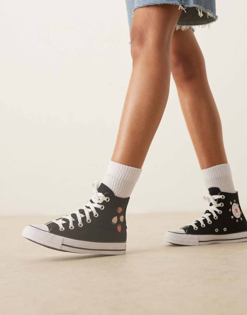 Converse - Chuck Taylor All Star Hi - Sneaker in Schwarz mit Erdbeerstickereien-Weiß von Converse