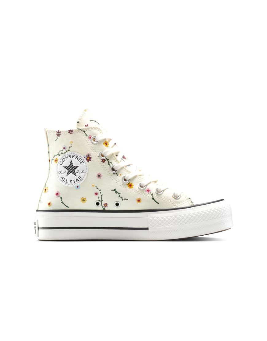 Converse - Chuck Taylor All Star Lift Hi - Plateau-Sneaker in Creme mit Blumenstickereien-Brown von Converse