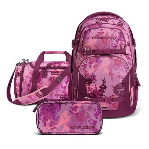 Coocazoo Schulrucksack-Set „Cherry Blossom“ 3-teilig, rosa, ergonomischer 30L Tornister, höhenverstellbar, für Kinder ab der 5. Klasse, inkl. Federmäppchen und Sporttasche von Coocazoo