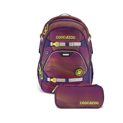 Coocazoo Schulrucksack-Set „Soniclights Purple“ 2-teilig, lila, ergonomischer 30L Tornister, höhenverstellbar mit Brust- und Hüftgurt für Kinder ab der 5. Klasse, inkl. Federmäppchen von Coocazoo