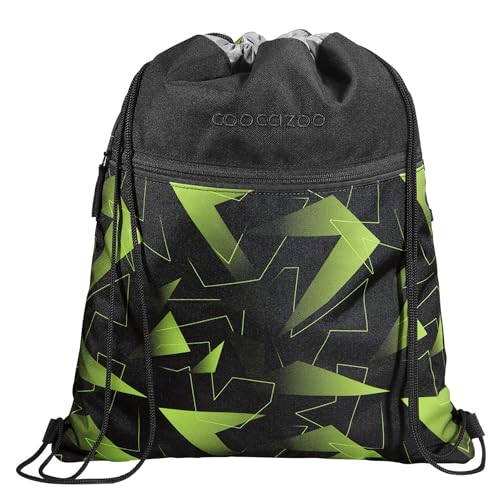 Coocazoo Turnbeutel „Lime Flash”, schwarz-grün, mit Reißverschlussfach und Kordelzug, reflektierende Elemente, Schlaufen zur Befestigung am Schulrucksack, 10 Liter, ab der 3. Klasse von Coocazoo