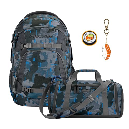 coocazoo Schulrucksack-Set Mate „Blue Craft“ 3-teilig, blau, ergonomischer 30L Tornister, höhenverstellbar mit Hüftgurt für Kinder ab der 5. Klasse, inkl. Sporttasche und Colour UP-Set „Sushi Love“ von Coocazoo