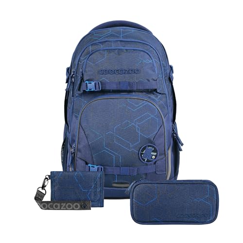 coocazoo Schulrucksack-Set Porter „Blue Motion“ 3-teilig, blau, ergonomischer 30L Tornister, höhenverstellbar mit Brust- und Hüftgurt für Kinder ab der 5. Klasse, inkl. Federmäppchen und Geldbeutel von Coocazoo