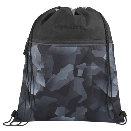 coocazoo Turnbeutel „Grey Rocks”, schwarz-grau, mit Reißverschlussfach und Kordelzug, reflektierende Elemente, Schlaufen zur Befestigung am Schulrucksack, 10 Liter, ab der 3. Klasse von Coocazoo