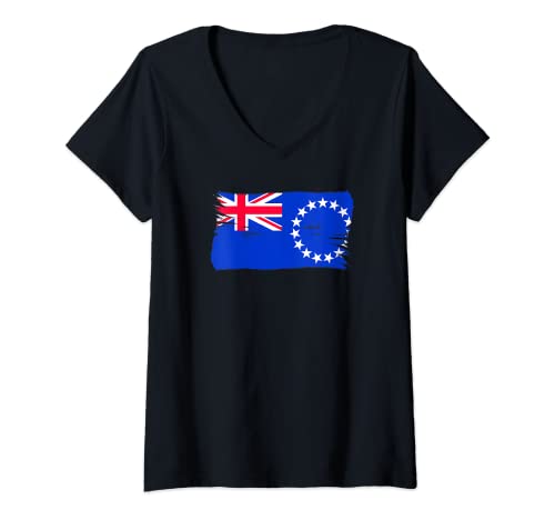 Damen Vintage Pinselstil Cookinseln Flagge Cook Inseln T-Shirt mit V-Ausschnitt von Cook Islands Flag Fan Gift Artwork