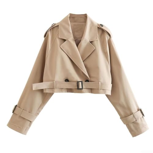 Cropped Damen Trenchcoat mit stylischem Design perfekt für den Alltag (L Khaki) von CookiBlend