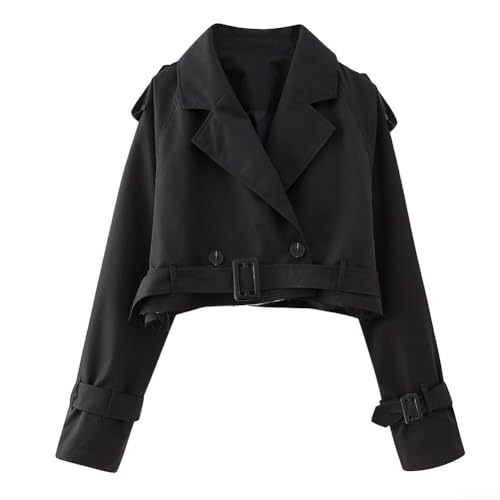 Cropped Damen Trenchcoat mit stylischem Design perfekt für den Alltag (M Schwarz) von CookiBlend