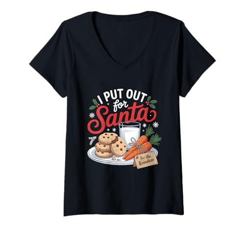 Damen I Put Out for Santa Christmas Rentier Karotte Cookies Women T-Shirt mit V-Ausschnitt von Cookies For Santa Carrot for Reindeer Xmas