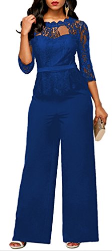 Cookieslove Damen Elegant Spitze Jumpsuit mit 1/2 Ärmel Bluse Overall Stilvoll Hohe Taille Weitem Bein Langhose Einteiler Hosenanzug Party Festlich Playsuit Tunika Abendmode von Cookieslove