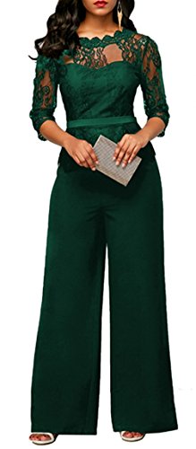 Cookieslove Damen Elegant Spitze Jumpsuit mit 1/2 Ärmel Bluse Overall Stilvoll Hohe Taille Weitem Bein Langhose Einteiler Hosenanzug Party Festlich Playsuit Tunika Abendmode von Cookieslove