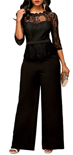 Cookieslove Damen Elegant Spitze Jumpsuit mit 1/2 Ärmel Bluse Overall Stilvoll Hohe Taille Weitem Bein Langhose Einteiler Hosenanzug Party Festlich Playsuit Tunika Abendmode von Cookieslove