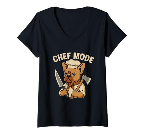 Damen Lustiges Design der französischen Bulldogge zum Kochen T-Shirt mit V-Ausschnitt von Cooking Humor Dog Lover Kitchen Apparel