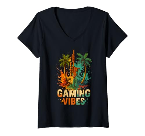 Damen Gaming Vibes AR15 Retro Streetwear Zocker Sommer Beach Fun T-Shirt mit V-Ausschnitt Damen Gaming Vibes AR15 Retro Streetwear Zocker Sommer Beach Fun T-Shirt mit V-Ausschnitt von Cool AR15 Summer Flower Weapon Zocker Gamer Man
