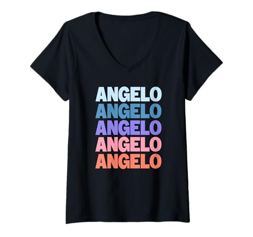 Damen Funny Modern Repeated Text Design Angelo T-Shirt mit V-Ausschnitt Damen Funny Modern Repeated Text Design Angelo T-Shirt mit V-Ausschnitt von Cool Angelo Gift Ideas