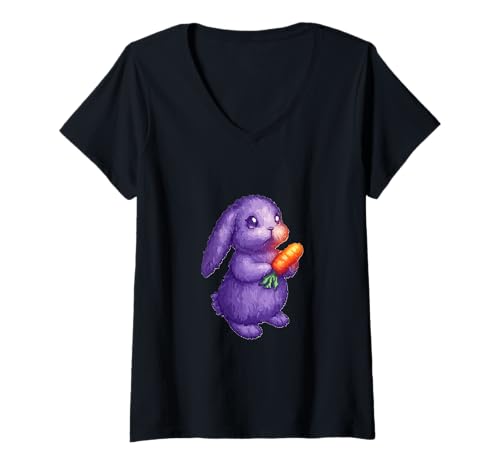 Damen Entzückender lila Pixel Art Bunny mit Karotte für Kinder T-Shirt mit V-Ausschnitt von Cool Animal Designs for Girls Boys Kids Children