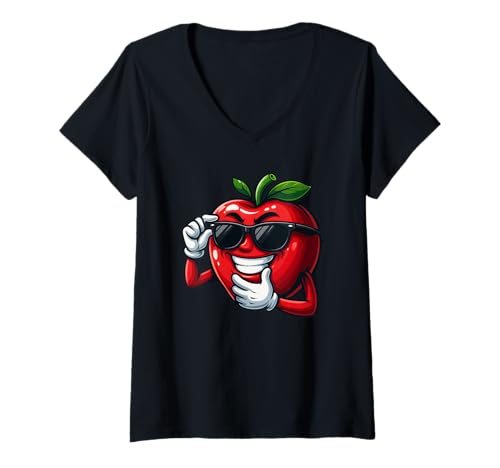 Damen Coole Apfel Cartoon Lustig mit Sonnenbrille T-Shirt mit V-Ausschnitt von Cool Apple Fruit Cartoon Funny Character