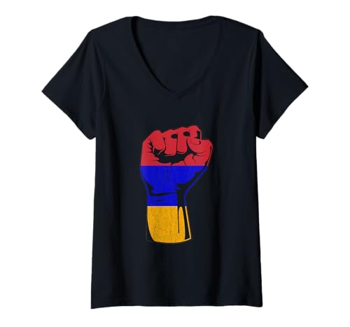 Damen Armenian Pride Hand Faust Armenian Roots Power Armenia Flag T-Shirt mit V-Ausschnitt von Cool Armenian Roots Armenia