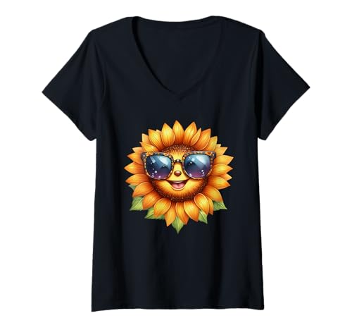 Damen Süße Bunte Sonnenblume mit Sonnenbrille T-Shirt mit V-Ausschnitt Damen Süße Bunte Sonnenblume mit Sonnenbrille T-Shirt mit V-Ausschnitt von Cool Art Graphic Sunflower With Sunglasses