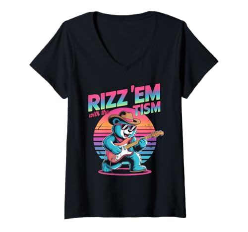 Damen Rizzing 'Em with The Tism Gitarrist Bear Autism T-Shirt mit V-Ausschnitt Damen Rizzing 'Em with The Tism Gitarrist Bear Autism T-Shirt mit V-Ausschnitt von Cool Autism Awareness Guitar Player