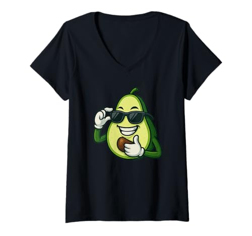 Damen Coole Avocado-Cartoon-Frucht mit Sonnenbrille T-Shirt mit V-Ausschnitt Damen Coole Avocado-Cartoon-Frucht mit Sonnenbrille T-Shirt mit V-Ausschnitt von Cool Avocado Cartoon Funny Character
