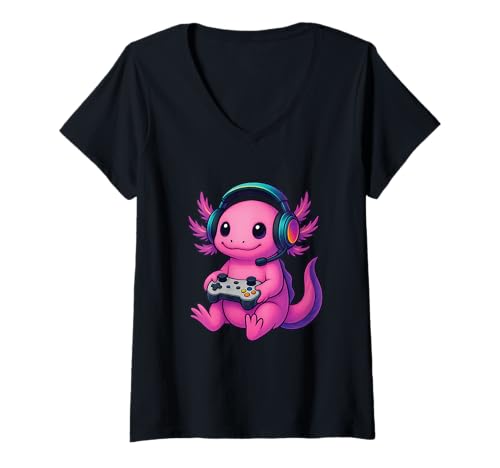 Damen Gamer Kawaii Axolotl mit Headset – Lustiges Gaming Geschenk T-Shirt mit V-Ausschnitt Damen Gamer Kawaii Axolotl mit Headset – Lustiges Gaming Geschenk T-Shirt mit V-Ausschnitt von Cool Axolotl Gaming Designs für Nerds & Zocker