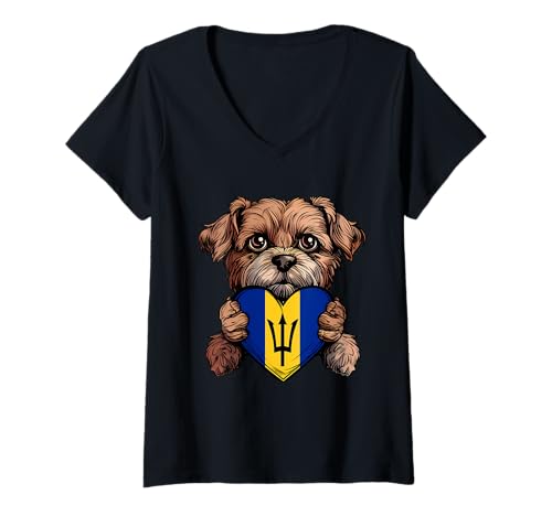 Damen Bajan Pride Bajan Roots Dog Heart Dreizack Barbados Flagge T-Shirt mit V-Ausschnitt Damen Bajan Pride Bajan Roots Dog Heart Dreizack Barbados Flagge T-Shirt mit V-Ausschnitt von Cool Bajan Roots Barbados