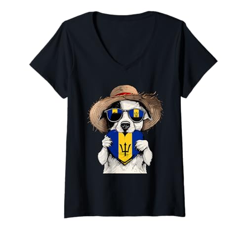 Damen Bajan Roots Hundeherz Dreizack Barbados Flagge Bajan Pride T-Shirt mit V-Ausschnitt Damen Bajan Roots Hundeherz Dreizack Barbados Flagge Bajan Pride T-Shirt mit V-Ausschnitt von Cool Bajan Roots Barbados