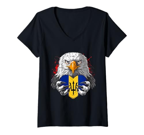 Damen Barbados Flagge Adler Herz Bajan Wurzeln Dreizack Bajan Pride T-Shirt mit V-Ausschnitt Damen Barbados Flagge Adler Herz Bajan Wurzeln Dreizack Bajan Pride T-Shirt mit V-Ausschnitt von Cool Bajan Roots Barbados